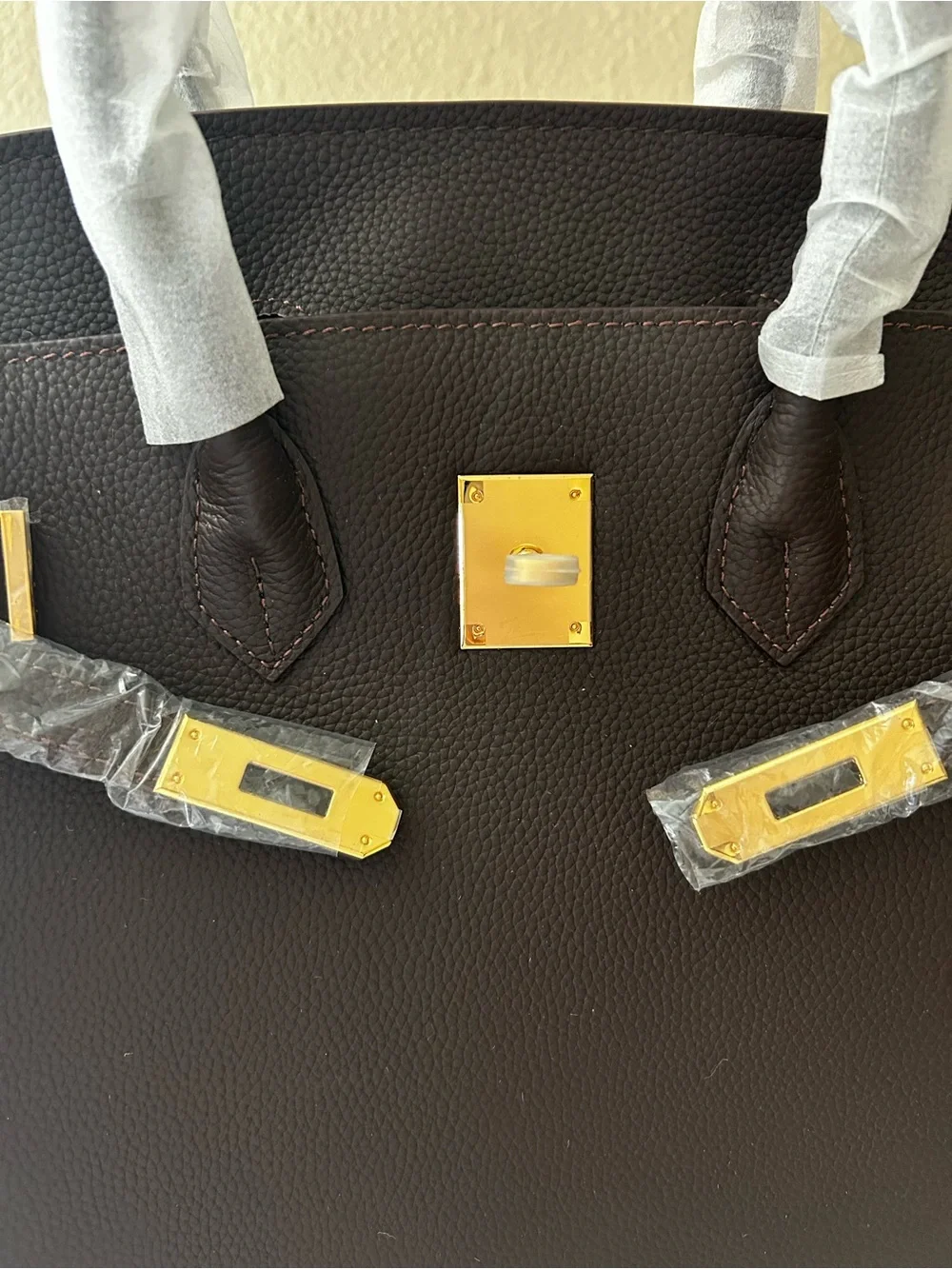 35cm Ebene Structured Top-Handle Bag with Gold Hardware
